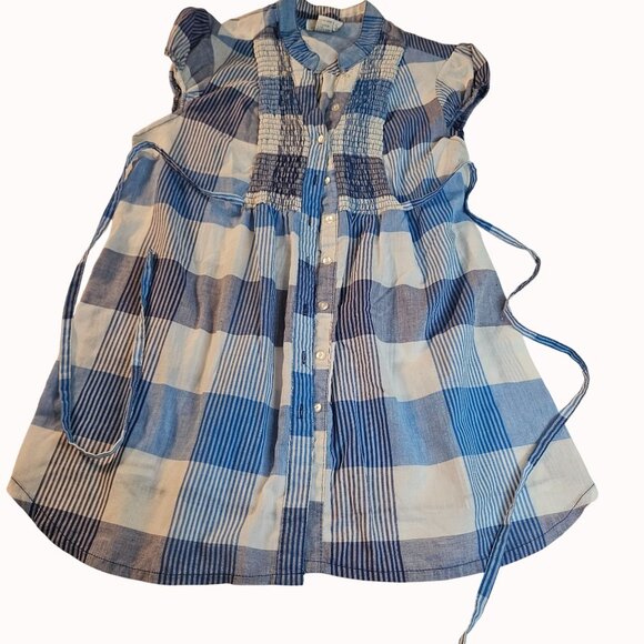 Blue & White Plaid shirt Smocked Front Button-Up Tunic Waist Tie XL cabincore 90 - Picture 1 of 6